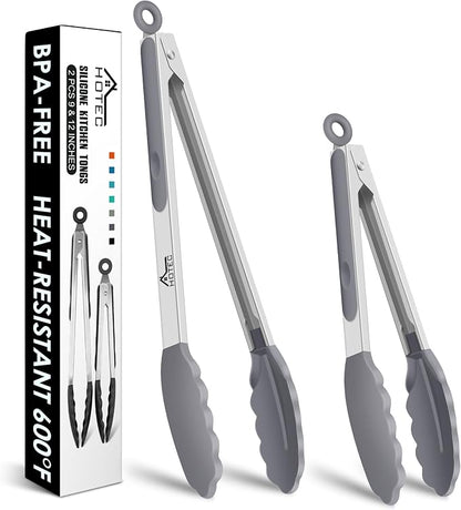 HOTEC Premium Stainless Steel Locking Kitchen Tongs with Silicon Tips, Set of 2-9" and 12" Light Grey