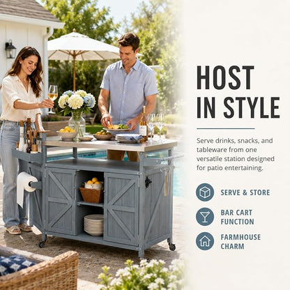 Outdoor Kitchen Island, 50.25" Rolling Grill Table with Storage Cabinet, 201 Stainless Steel Top Outdoor Bar Cart, Solid Fir Wood BBQ Prep Station with Adjustable Shelves, Spice Rack (Grey Blue)
