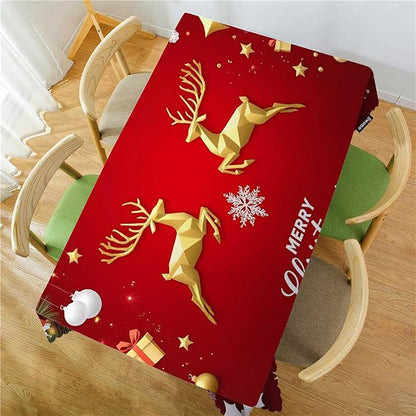 Swono Merry Christmas Table Cover Gold Christmas Deer Snowflakes 50x72 Inch Table Cloth for Rectangle Tables Buffet Parties Coffee BBQ and Dinning Tablecloth, Red