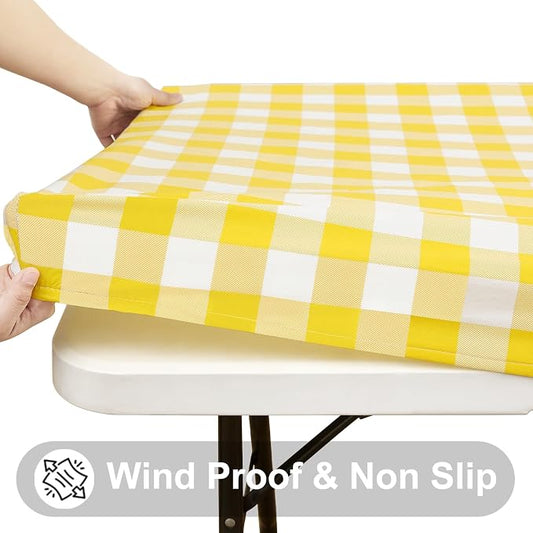 Smiry Rectangle Picnic Table Cloth, Elastic Waterproof Fitted Vinyl Tablecloths, Flannel Backed Buffalo Plaid Table Covers for Dining, Camping, Outdoor (White and Yellow, 30" x 48")