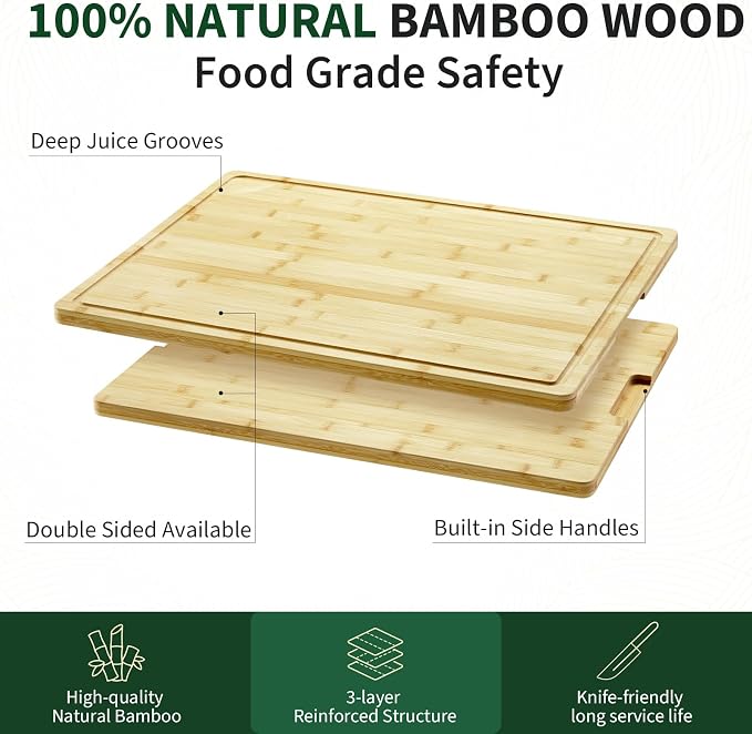 Garvee Extra Large Bamboo Cutting Board 24"x18", XL Chopping Board for Kitchen with Juice Groove & Handles, Butcher Block Serving Tray for Meat, Cheese, Veggies