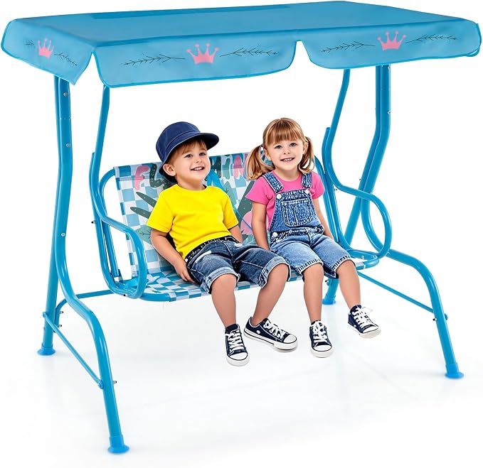 HONEY JOY Kids Patio Swing, 2-Seater Outdoor Porch Swing Lounge Chair, Adjustable Canopy & Safety Belt, All Weather Resistant Waterproof Hanging Swing Bench for Garden Poolside Balcony(Blue Flamingo)