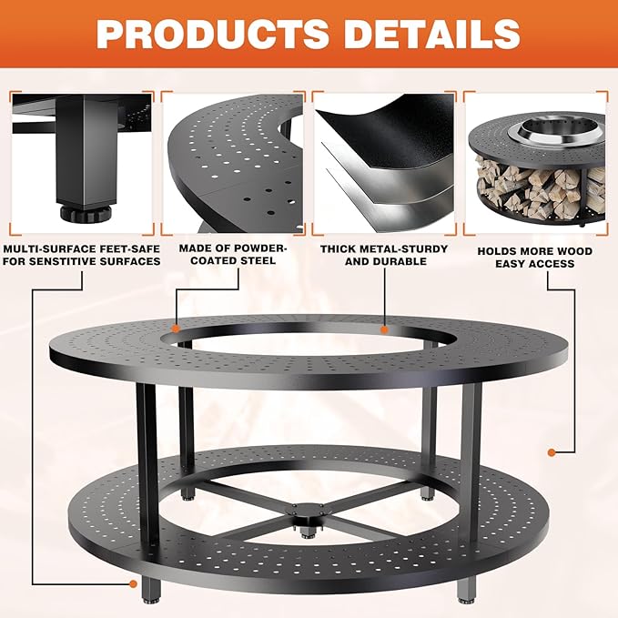 Fire Pit Surround Tabletop for Solo Stove Yukon 1.0 & 2.0, 48" Fire Pit Surround Tabletop with Wood Storage Shelf, Powder-Coated Steel Surround Tabletop with Extra Space with Raised Stand