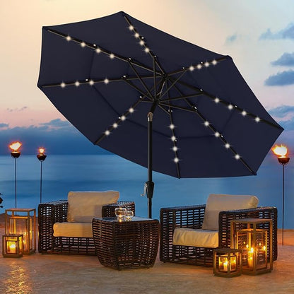 ABCCANOPY 3-Tiers 11FT Solar Patio Umbrella, Outdoor Umbrella with 32 LED Lights for for Deck, Pool, Garden, Backyard (Navy Blue)