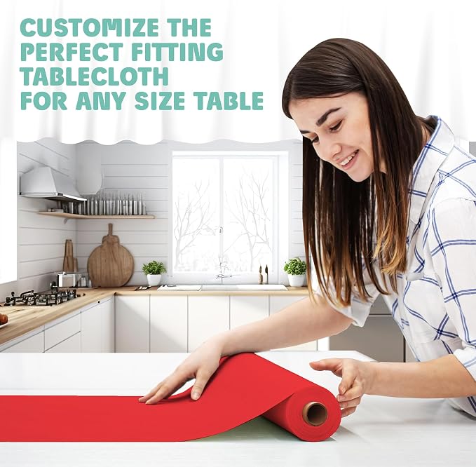 Tablecloth Roll – 54" X 110' Red Premium Plastic Table Cloths with Cutter Box - Cut to Size Cutter - Decorative Rectangle Table Cover Smooth Tablecloth - Disposable Table Cloths for Parties, Weddings.