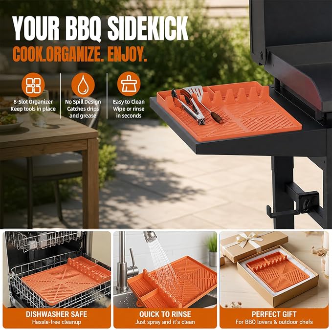 Silicone Grill Mat for Blackstone Griddle, 16x11.5 Extra-Thick Non-Slip Spatula Holder Mat with Grease Drip Pad, Heat Resistant BBQ Utensil Organizer for Side Shelf, Ideal Gifts for Men (Orange)