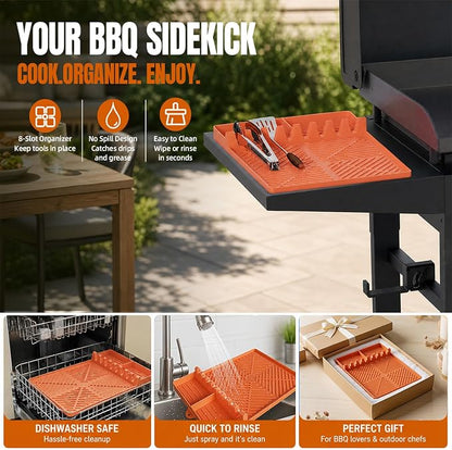 Silicone Grill Mat for Blackstone Griddle, 16x11.5 Extra-Thick Non-Slip Spatula Holder Mat with Grease Drip Pad, Heat Resistant BBQ Utensil Organizer for Side Shelf, Ideal Gifts for Men (Orange)