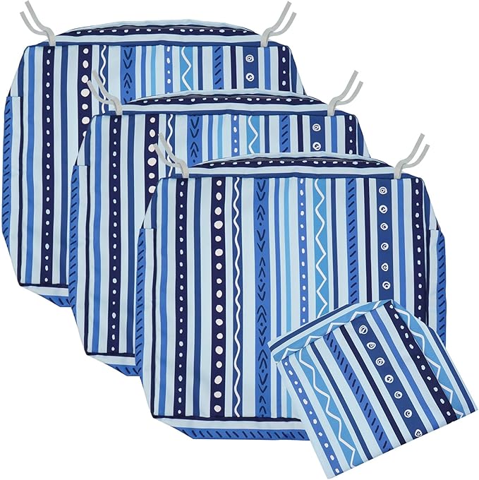 NettyPro Outdoor Cushion Slipcovers Waterproof 4 Pack Patio Chair Seat Cushion Covers with Zipper and Tie, 22 x 20 x 4 Inch, Replacement Cover Only, Stripes Blue