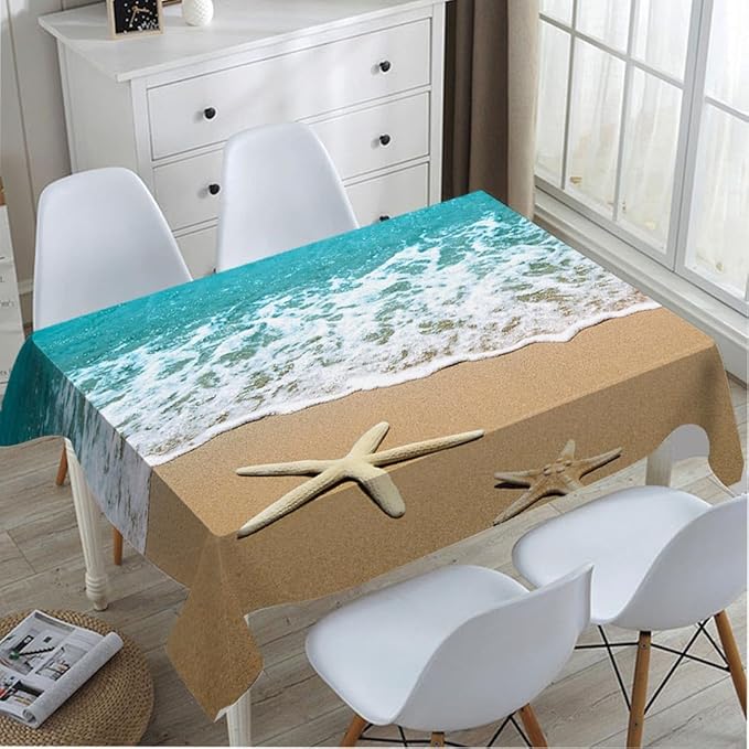 TKS MITLAN Tablecloth Summer Beach Table Cloth Rectangle Table 60 x 84 Inch Sea Wave Starfish on Sand Kitchen Decorations for Home Dinner Party