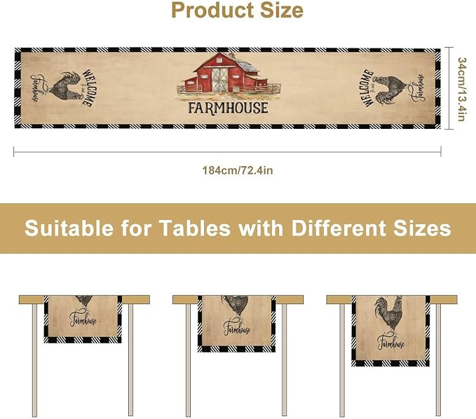 Farm Animals Table Runner, Rustic Farmhouse Cow Pig Rooster Watercolor Coffee Table Center Decor for Home Kitchen Dining Dinner Indoor Holiday Farmhouse Decor 13x70 Inch
