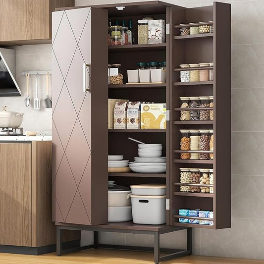 kepptory Brown Pantry Cabinet with Golden Metal Base, 51" Freestanding Kitchen Storage Cabinet, Adjustable Shelves Food Pantry Organization for Kitchen, Living Room, Hallway, Tall Pantry Cabinet
