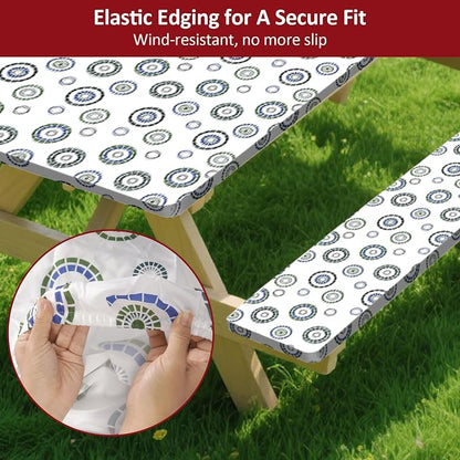 6ft 72in Picnic Table and Bench Cover, 3 Pack, Blue Flywheel | Drawstring Bag, Waterproof Windproof, Elastic Fitted Edges Tablecloth, for Rectangle Table & Seat, Camping Essentials RV Gear