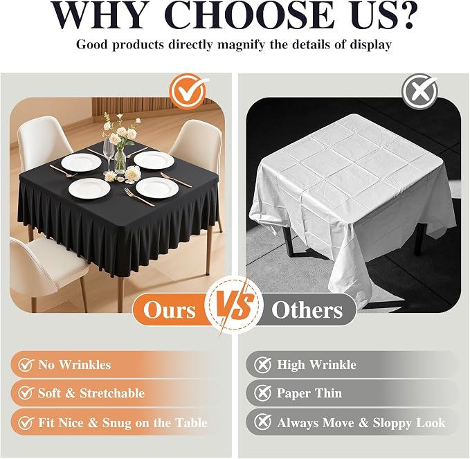 PARTISKY Black Spandex Square Tablecloths 60x60 Inch, 2 Pack Wrinkle Free Fitted Card Table Cloth Stretch Square Table Cover for Kitchen Dinner, Holiday Party, Wedding Banquet, Display Trade Show