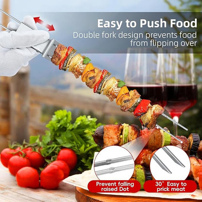 Skewers for Grilling- 13 inch (10Pack) Double Pronged Flat Stainless Steel BBQ Skewer with Push Bar- Kabob Skewers Skewer Sticks for Camping or family - Reusable, BBQ Accessories