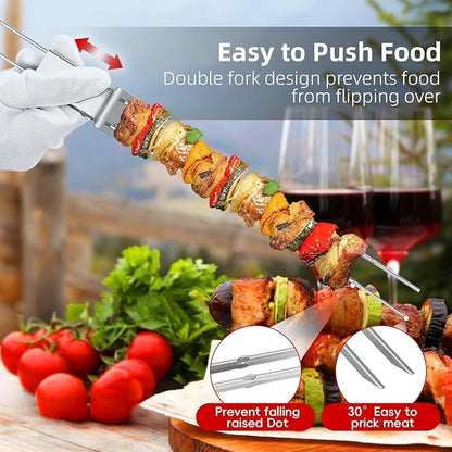 Stainless Steel Skewers for Grilling, 13"（12PCS）Dual-Prong Flat with Slider