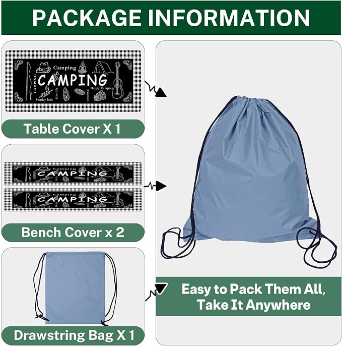 Picnic Table Cover with Bench Covers, Black Edges, 3PCS, 72 Inch | Waterproof Fitted Camper Outdoor Patio Camping Essentials Tablecloth with Drawstring Bag