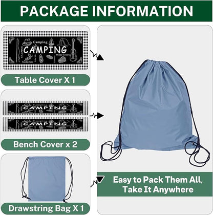 Picnic Table Cover with Bench Covers, Black Edges, 3PCS, 72 Inch | Waterproof Fitted Camper Outdoor Patio Camping Essentials Tablecloth with Drawstring Bag