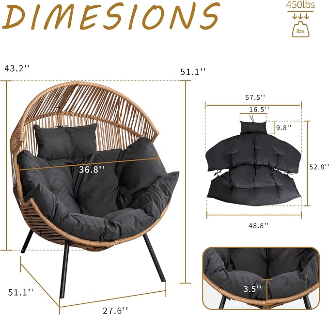Shintenchi Wicker Egg Chair Rattan Patio Chair with Cushion, Oversized Patio Lounge Chairs Egg Basket Chair, Egg Seat for Indoor Living Room Bedroom Outside, Deep Grey