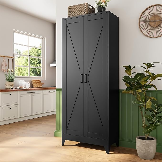 Letaya 75" H Metal Storage Cabinet with 2 Doors and 4 Shelves,Tall Kitchen Pantry Cabinets,Farmhouse Utility Pantry Organizers for Cupboard/Dining/Bathroom/Home Office/Garage Room,Black
