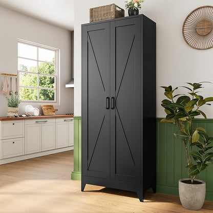 Letaya 75" H Metal Storage Cabinet with 2 Doors and 4 Shelves,Tall Kitchen Pantry Cabinets,Farmhouse Utility Pantry Organizers for Cupboard/Dining/Bathroom/Home Office/Garage Room,Black