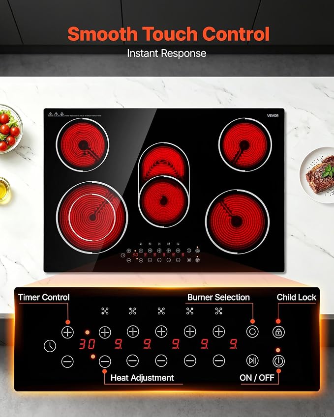 VEVOR Electric Cooktop 30inch 5 Burners Stove Top 8900W 220V No Plug, Ceramic Built-in Radiant Electric Stove, with 9 Power Levels, Timer, Child Lock, Over-Heat Guard, Touch Control