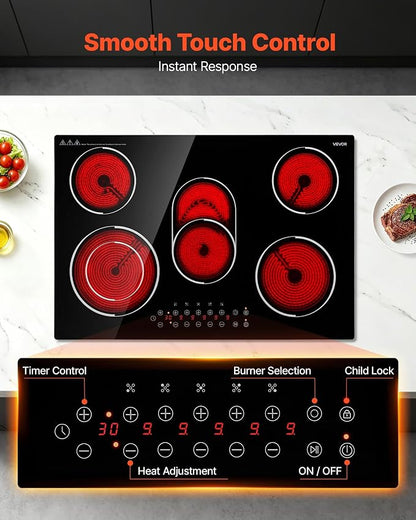 VEVOR Electric Cooktop 30inch 5 Burners Stove Top 8900W 220V No Plug, Ceramic Built-in Radiant Electric Stove, with 9 Power Levels, Timer, Child Lock, Over-Heat Guard, Touch Control