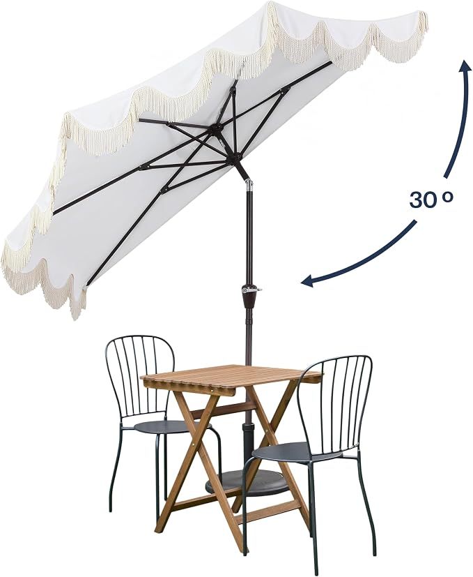 JONATHAN Y Beverly 9 ft. Striped Half Umbrella, Cream/Dark Brown | Coastal Scalloped Fringe, Crank Lift, 30 Degree Manual Tilt, UV 50 Polyester Canopy, Aluminum Frame, Space Saving Design