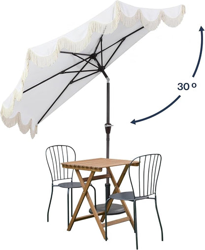 JONATHAN Y Beverly 9 ft. Striped Half Umbrella, Cream/Dark Brown | Coastal Scalloped Fringe, Crank Lift, 30 Degree Manual Tilt, UV 50 Polyester Canopy, Aluminum Frame, Space Saving Design