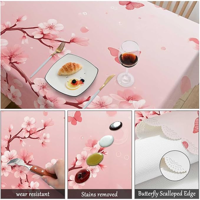 Swono Cherry Blossom Tablecloth Japanese Cherry Tree Nature Rectangle Table Cloth Washable Plaid Table Cover for Kitchen Holiday Dinner Banquet, 52x 70 Inch Tablecloth, Pink