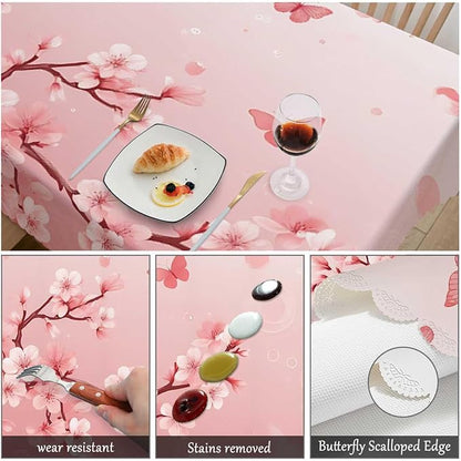 Swono Cherry Blossom Tablecloth Japanese Cherry Tree Nature Rectangle Table Cloth Washable Plaid Table Cover for Kitchen Holiday Dinner Banquet, 52x 70 Inch Tablecloth, Pink