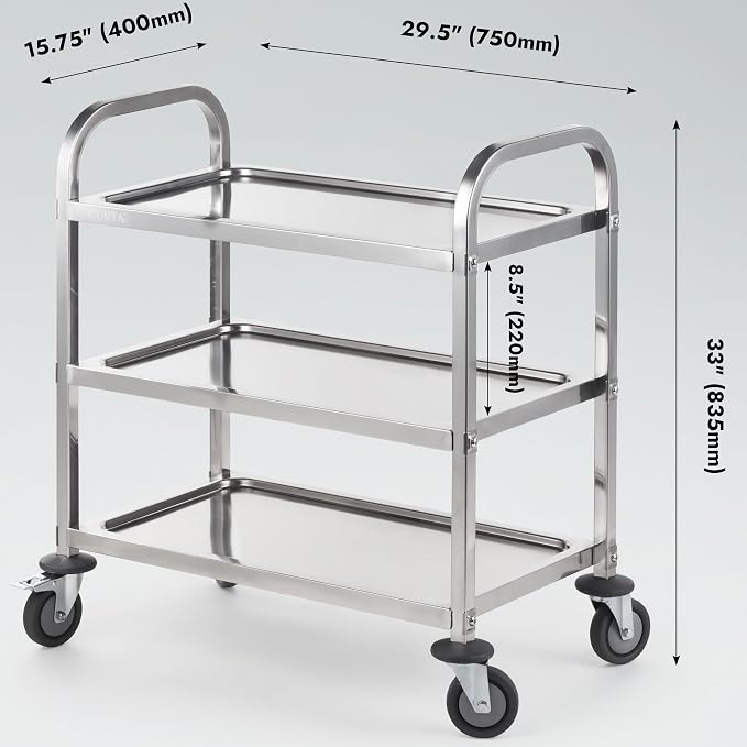 Stainless Steel Serving Trolley, 30" L x 16" W x 33" H 3 Tiered Shelf Kitchen Utility Cart, Rolling Casters Brake Wheel, Commercial Pro for Restaurant/Hotel/Lab/Clinic/Salon/Workshop