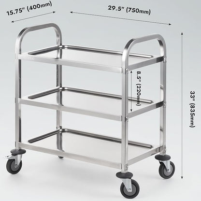 Stainless Steel Serving Trolley, 30" L x 16" W x 33" H 3 Tiered Shelf Kitchen Utility Cart, Rolling Casters Brake Wheel, Commercial Pro for Restaurant/Hotel/Lab/Clinic/Salon/Workshop