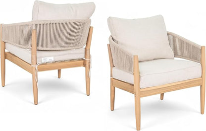 Christopher Knight Home Naomi Set of 2 Patio Acacia Wood Club Chair with Cushion, Handwoven Rope Lounge Chair Outdoor for Porch/Backyard, Stylish Garden Seating with Curved Backrest, Beige+Light Brown