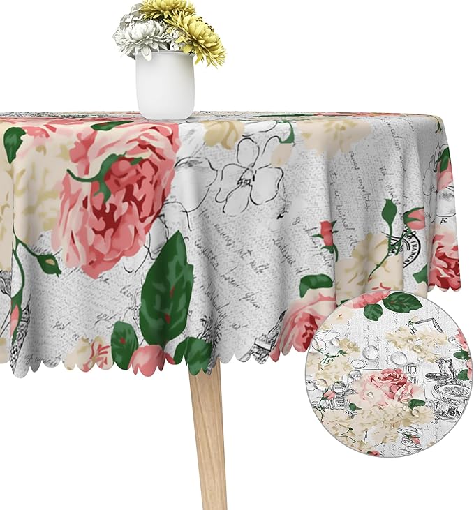 Modern Flowers Tablecloth 70 Inch Circle Vintage Style French Flower Seasonal Washable Wrinkle Free Spill Proof Polyester Wedding Birthday Round Table Cover for Dining Table Farmhouse Kitchen