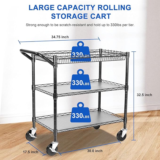 YNN Black Utility Rolling Cart,990Lbs 3 Tier Heavy Duty Metal Cart with Wheels & Handle NSF Wheeled Cart 31" D x 18" W x 33" H for Bedroom, Bathroom, Kitchen,Garden,Decor,Serving