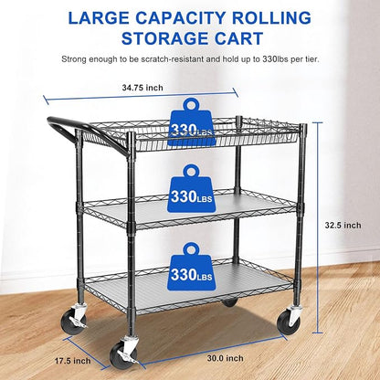 YNN Black Utility Rolling Cart,990Lbs 3 Tier Heavy Duty Metal Cart with Wheels & Handle NSF Wheeled Cart 31" D x 18" W x 33" H for Bedroom, Bathroom, Kitchen,Garden,Decor,Serving