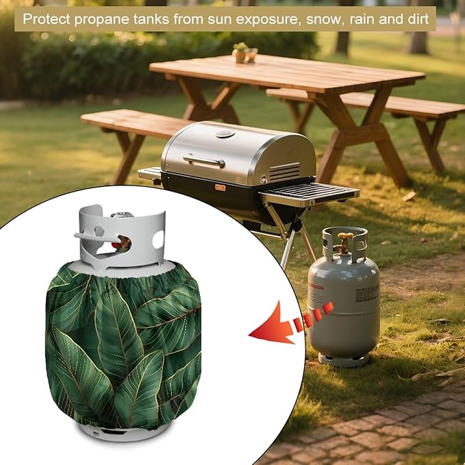 Rv Dual Propane Tank Cover Leaf Green Gas Tank Covers Protective Covers for Grill, Travel Trailer RV and Outdoor Use Windproof Weatherproof Gas Carrier