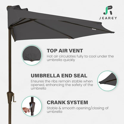 JEAREY 9ft Half Umbrella Outdoor Patio Umbrella Market Umbrellas with Crank, 1/2 Round Wall Umbrella 5 Sturdy Ribs UV Protection for Pool Garden Balcony Deck, Gray