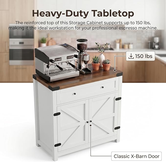 YESHOMY Kitchen Storage Cabinet, Coffee Bar Cabinet, Farmhouse Sideboard Buffet with Storage, Barn Door Accent Cabinet with a Drawer and Adjustable Shelf for Dining Room, Entryway, Rustic White, 2 PCS