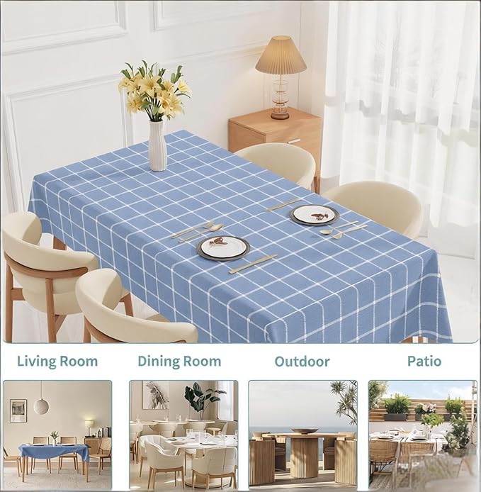 Rectangle Vinyl Tablecloth 100% Waterproof - Heavy Duty Buffalo Plaid Table Cover for Outdoor Picnic Camping Patio - Wipe Clean Checkered Gingham Tablecloth for BBQ Party Decor - 55x108 Light Blue