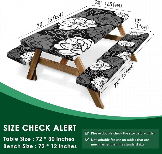 Picnic Table Cover with Bench Covers, Black Flowers, 3PCS, 72 Inch | Full Elastic Edge Waterproof Wipeable Camping Tablecloth RV Outdoor Patio Park Essentials With Drawstring Bag