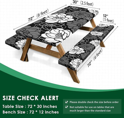 Picnic Table Cover with Bench Covers, Black Flowers, 3PCS, 72 Inch | Full Elastic Edge Waterproof Wipeable Camping Tablecloth RV Outdoor Patio Park Essentials With Drawstring Bag