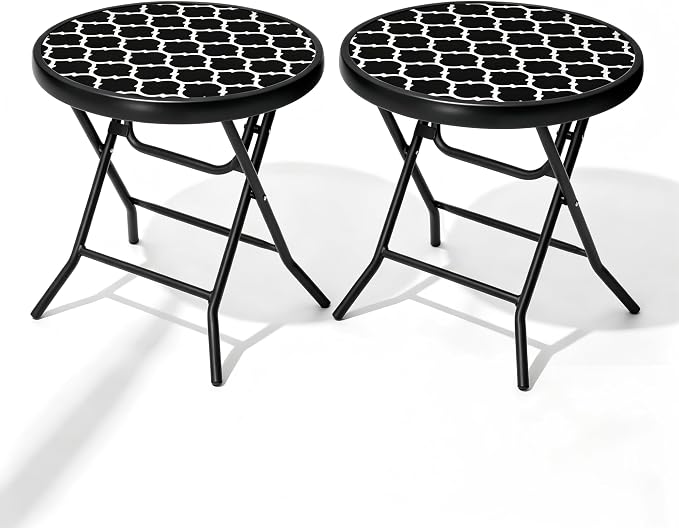 Foldable Side Table with Tempered Glass Top, 2 Pack Black & White | 18" Small Patio Side Tables Outdoor for Porch Yard Balcony Deck Lawn Garden