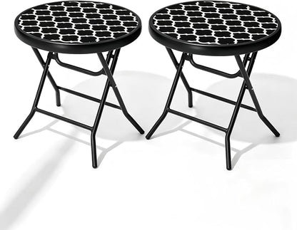 Foldable Side Table with Tempered Glass Top, 2 Pack Black & White | 18" Small Patio Side Tables Outdoor for Porch Yard Balcony Deck Lawn Garden