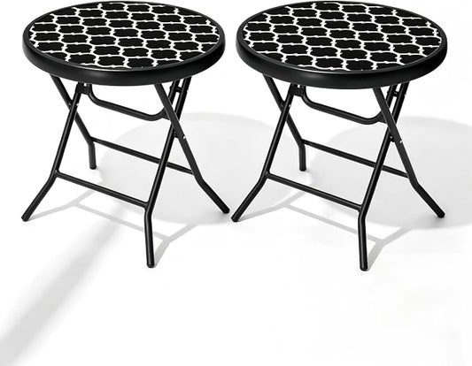 Foldable Side Table with Tempered Glass Top, 2 Pack Black & White | 18" Small Patio Side Tables Outdoor for Porch Yard Balcony Deck Lawn Garden