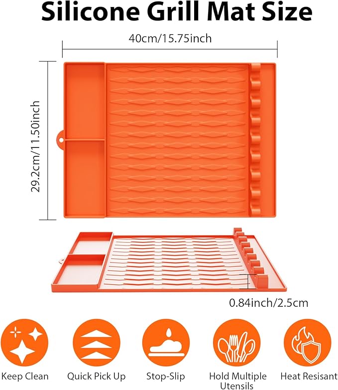 Jalopink Heat-Resistant Silicone Grill Mat Compatible with Blackstone, 15.75"x11.5" Non-Stick BBQ Grill Pad, Reusable Outdoor Spatula Mat for Griddle, Kitchen, Patio Accessories(Orange)