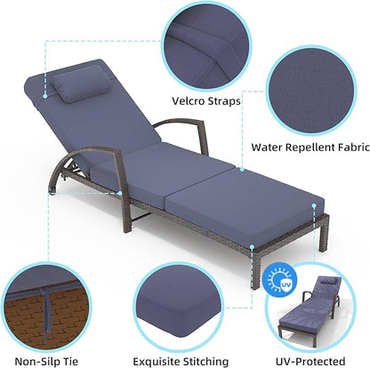 Set of 2 Chaise Lounge Chairs Outdoor, PE Rattan Wicker Poolside Recliners with 5-Position Adjustable Backrest, Blue Cushions, Armrests and Wheels, Patio and Garden Furniture for Beach and Backyard