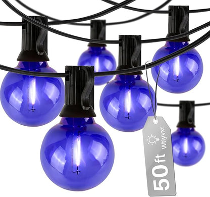 50 FT Blue Outdoor String Lights G40 Globe Shatterproof Patio Lights,26 Plastic Edison Bulbs(2 Spare) IP65 Waterproof Dimmable LED Bulbs for Backyard Porch Balcony Party Decor, E12 Base