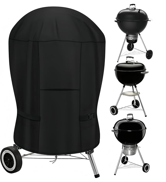 Upgraded Round Grill Cover for Weber 18" and Most Charcoal Kettle | 600D Heavy Duty,Waterproof,Windproof,UV Protection,Ventilation & Wind-Resistant Straps