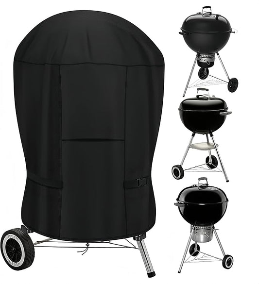 Heavy Duty Grill Cover for 22" Weber Charcoal Kettle - Advanced Lightweight Waterproof BBQ Cover with Ventilation & Wind-Resistant Straps (27" Dx35 H)